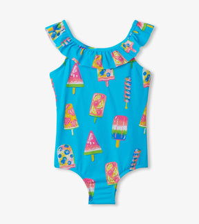 Front view of Hatley Fruity Pops aqua one-piece swimsuit with ruffled neckline