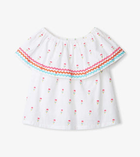 Hatley Fruity Pops white flounce top with colorful ric-rac trim, front view