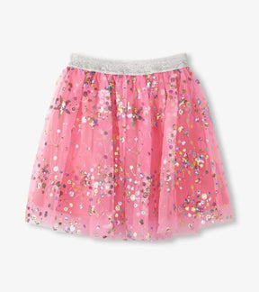 Pink Hatley Galaxy Sequins tulle skirt with multicolor sequin artwork and silver waistband