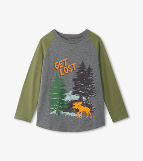 Hatley Get Lost boys raglan tee in heather grey with olive sleeves, front view