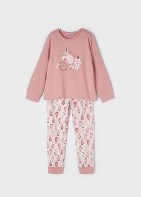 Pink fruit-print girls pyjama top and matching pants, front view