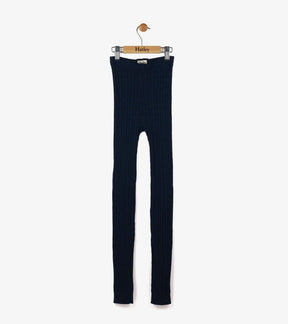 Full-length front view of navy Hatley cable-knit footless tights on a hanger