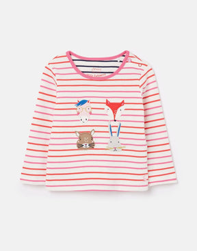 Joules Tate Pink Stripe Animal Faces T-Shirt: front view with four animal faces