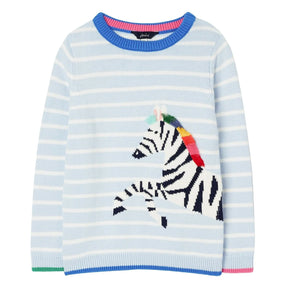 Joules Gee Gee Blue Stripe Zebra Sweater: front view with zebra and multicoloured mane