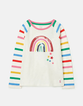 Joules Lorna Cream Sequin Rainbow Stripe Top: front view with sequin rainbow and striped sleeves