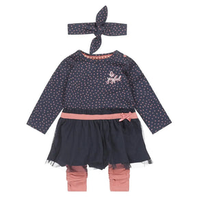 Front view of navy Dirkje baby dress, pink leggings and headband set
