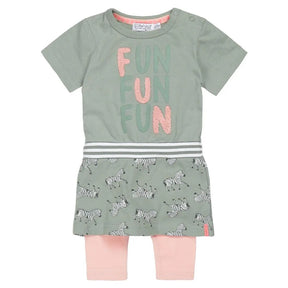 Front view of green Dirkje baby girls zebra print dress and pink legging set