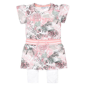 Front view of Dirkje baby girls white cockatoo print dress and legging set