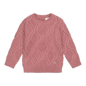 Front view of dark dusty pink Koko-Noko girls cable-knit sweater