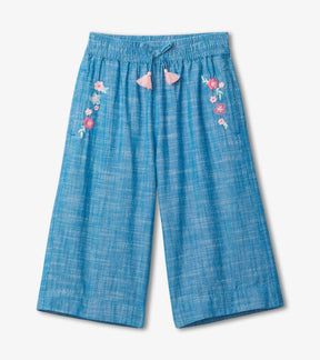 Hatley girls chambray cropped cotton culottes with wide legs, front view