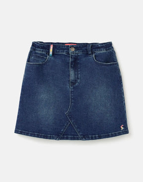 Joules Hollis Dark Blue Rainbow Denim Skirt: front view with five-pocket styling