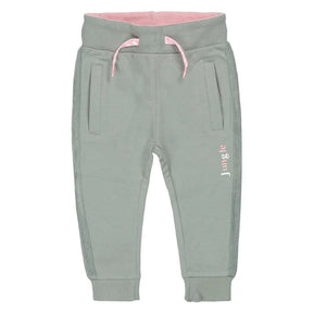 Front view of soft green Dirkje girls jogger pants with pink drawcord and pockets