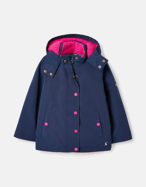 Joules Morgan Navy Horse Rainbow Artwork Jacket: navy front view with pink hood lining
