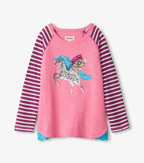 Front of Hatley pink Pegasus raglan tee with a sparkling winged horse, purple striped sleeves and turquoise hem accents.