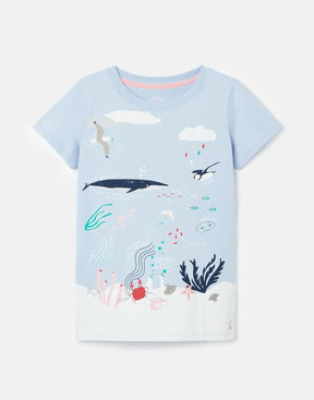 Joules Pixie Blue Ocean Graphic T-Shirt: front view of the ocean scene