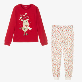Front view of red reindeer pajama top with ivory printed joggers