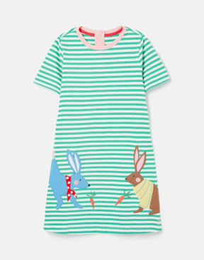 Joules Rosalee Green Stripe Rabbit Dress: front view with two rabbits near the hem