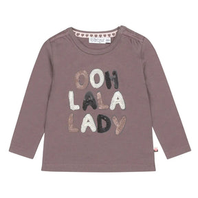 Front view of grey-brown Dirkje girls shirt with Ooh La La lettering