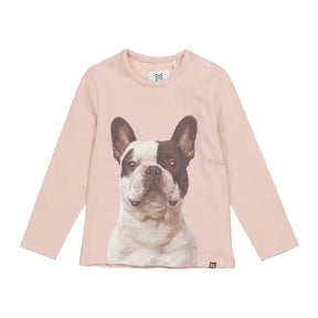 Front view of dusty pink Koko-Noko girls top with French bulldog graphic