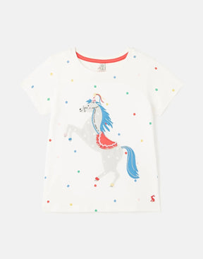 Joules Astra Cream Spotted Horse T-Shirt: front view with horse and scattered spots