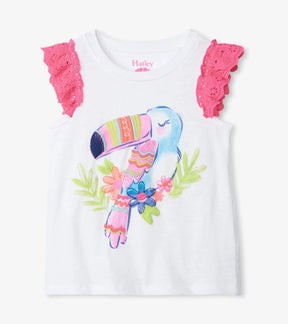 Hatley girls Toucan Tropics cotton eyelet trim tank, front view