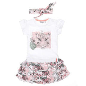 Front view of Dirkje baby girls tiger T-shirt, cockatoo print skirt and headband set