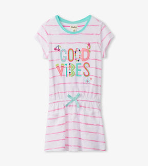 Hatley white and pink striped Good Vibes drop waist dress, front view