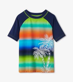 Front view of Hatley Gradient Palms short-sleeve rashguard with multicolor stripes
