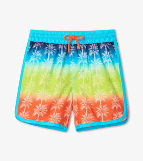 Front view of Hatley Gradient Palms swim shorts in navy, turquoise, lime and orange