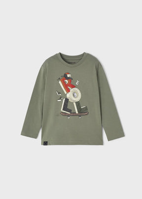 Front view of olive boys long-sleeve tee with skateboard letter graphic