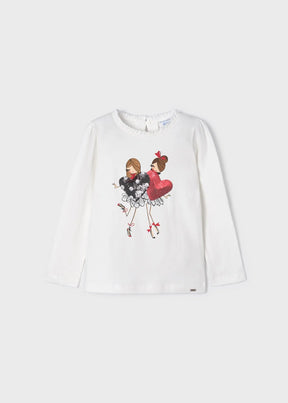 Front view of ivory girls long-sleeve top with sequin heart graphic