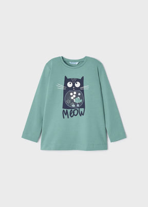 Front view of jade green Mayoral cat graphic long-sleeve top
