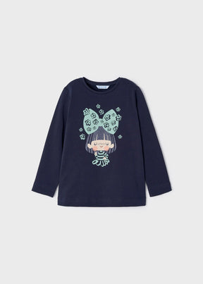 Front view of marino navy Mayoral long-sleeve bow graphic top