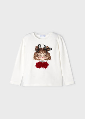 Front view of ivory girls T-shirt with illustrated face and red flowers
