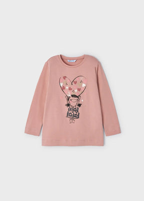 Front view of rosado pink Mayoral long-sleeve heart graphic top