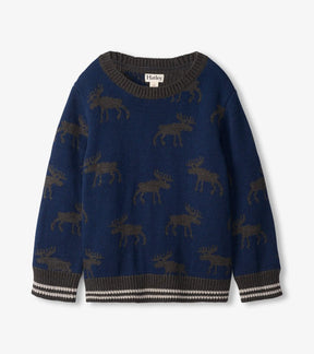Front of Hatley navy Graphic Moose sweater with dark moose silhouettes and striped ribbed cuffs and hem