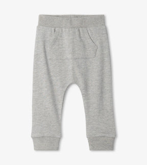 Hatley grey melange baby boys joggers with kangaroo pocket, front view