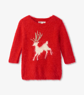 Front of Hatley bright red fuzzy baby sweater dress with white leaping reindeer motif