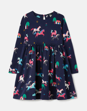 Joules Hampton Navy Horse Print Jersey Dress: front view with gathered waist