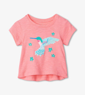 Hatley baby girls coral tee with embroidered turquoise hummingbird and small flowers, front view
