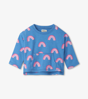Hatley blue baby pullover with pink rainbow print and kangaroo pocket, front view