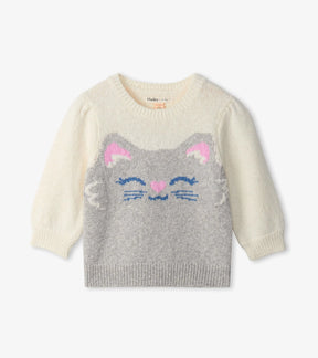 Hatley cream baby sweater with grey and pink smiling kitty motif, front view