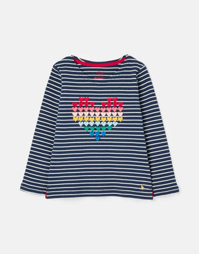 Joules Harbour Navy Stripe Rainbow Heart T-Shirt: front view with rainbow heart artwork