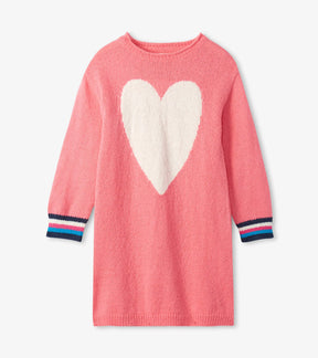 Hatley pink Heart Boucle sweater dress with large cream heart and striped cuffs, front view