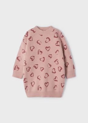Front view of dusty pink girls knit dress with allover heart pattern