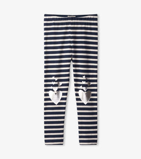 Front of Hatley navy and white striped leggings with silver heart details at both knees