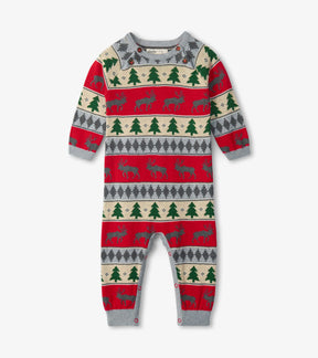 Hatley baby sweater romper with red green gray Holiday Elk Fair Isle pattern, front view
