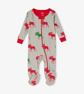 Hatley baby gray footed coverall with red and green Holiday Moose print and red zipper, front view
