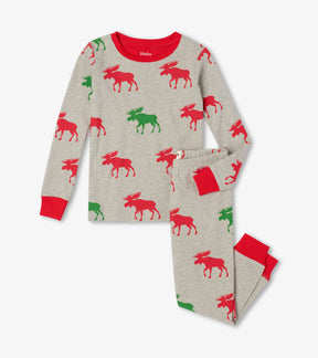 Hatley boys gray Holiday Moose pajama set with red cuffs, crew neckline and full-length pants