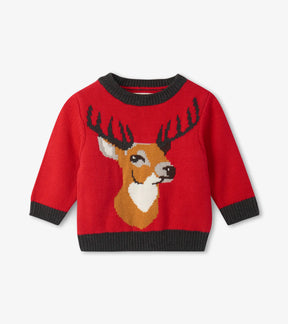 Front of Hatley red Holiday Stag baby sweater with antlers and charcoal ribbed trim